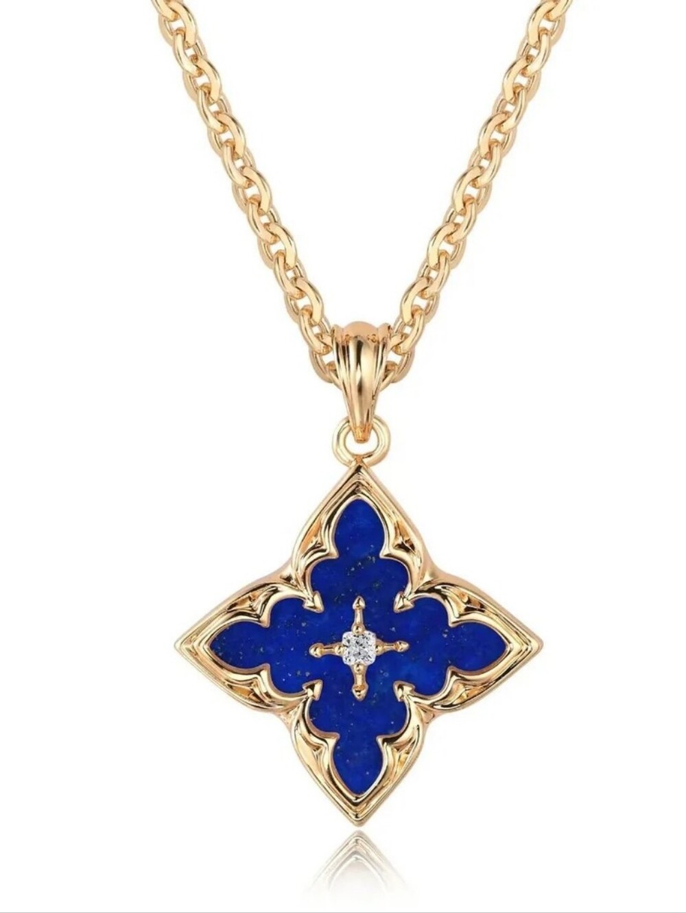 14k Gold Plated Brass Clover Leaf Blue Lapis Stone Pendant Necklace, NWOT